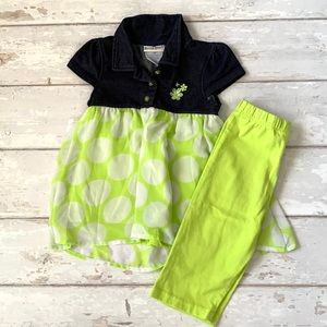 Buster Brown 3T Girls Collared Dress & Leggings Lime Green Navy Blue Outfit Set